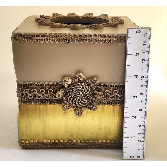TISSUE BOX HOLDER-AVANTI LINENS-Gold-Heavy Resin-Rope Design-Gold-Tan-Square - Picture 7 of 8